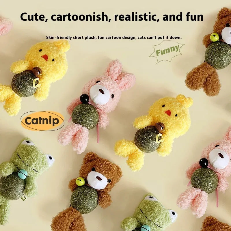 Plush cat toy with animal character and central mint ball containing catnip, featuring integrated bell for auditory stimulation during play