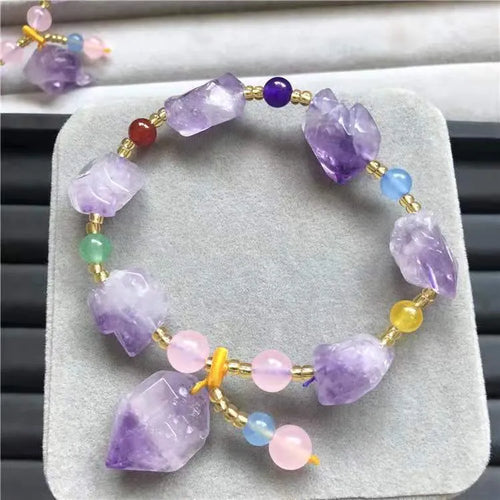 Women's natural style amethyst bead bracelet with a decorative fu character.