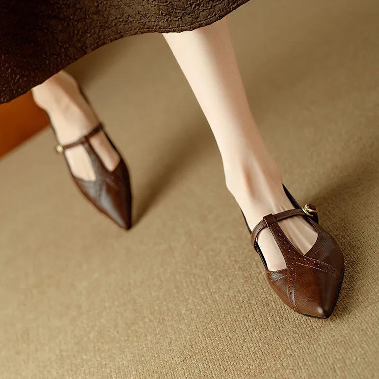 Brown pointed toe low-cut flat shoes with metal detail and soft sole