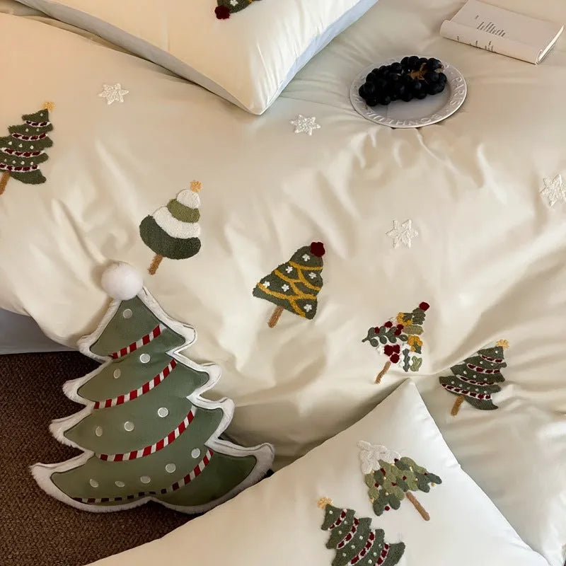 Pure cotton four-piece bedding set with Christmas tree embroidery in cream blue and green colours