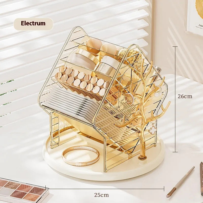 360-degree rotating cosmetics storage box in amber gold or clear plastic for makeup organisation