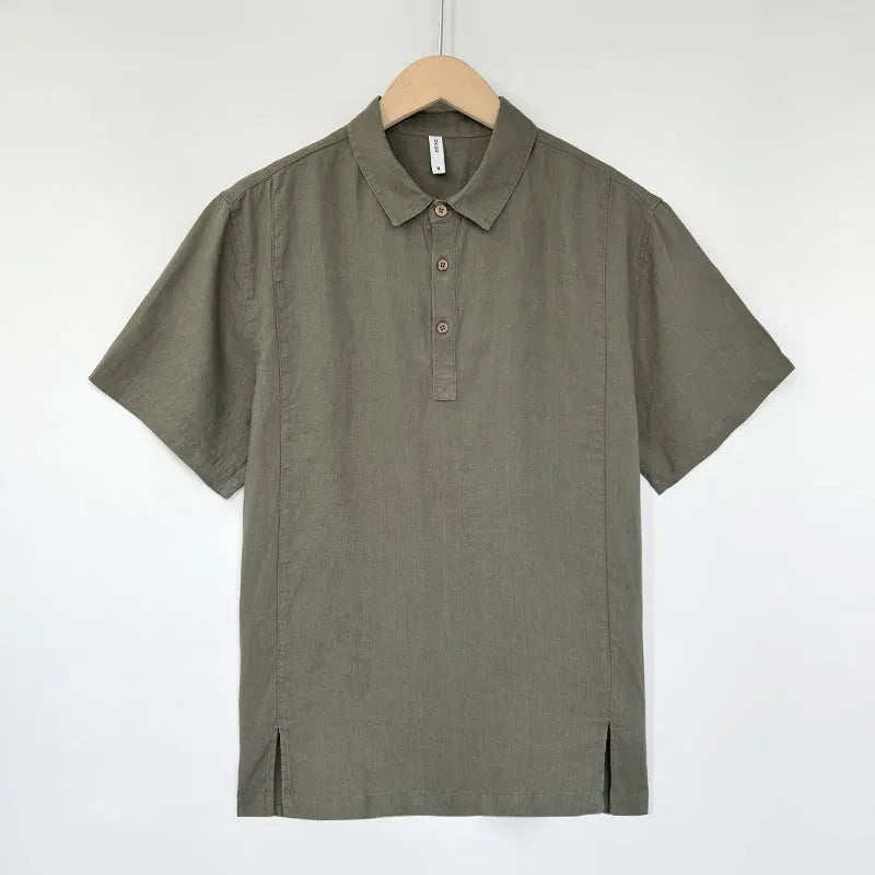Men's linen summer top in a loose fit with short sleeves, shown in a choice of colours.