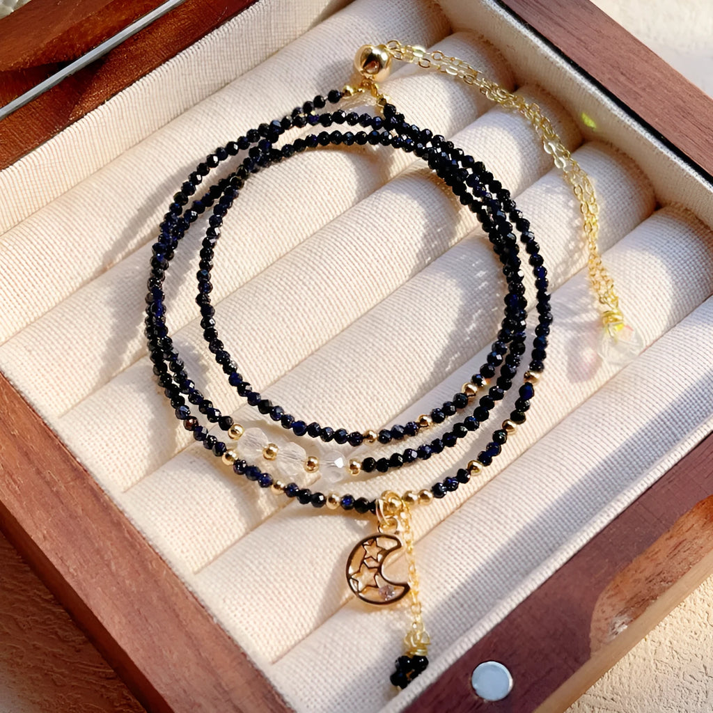 Women's blue sand stone three-ring multi-layer bracelet showing interconnected design