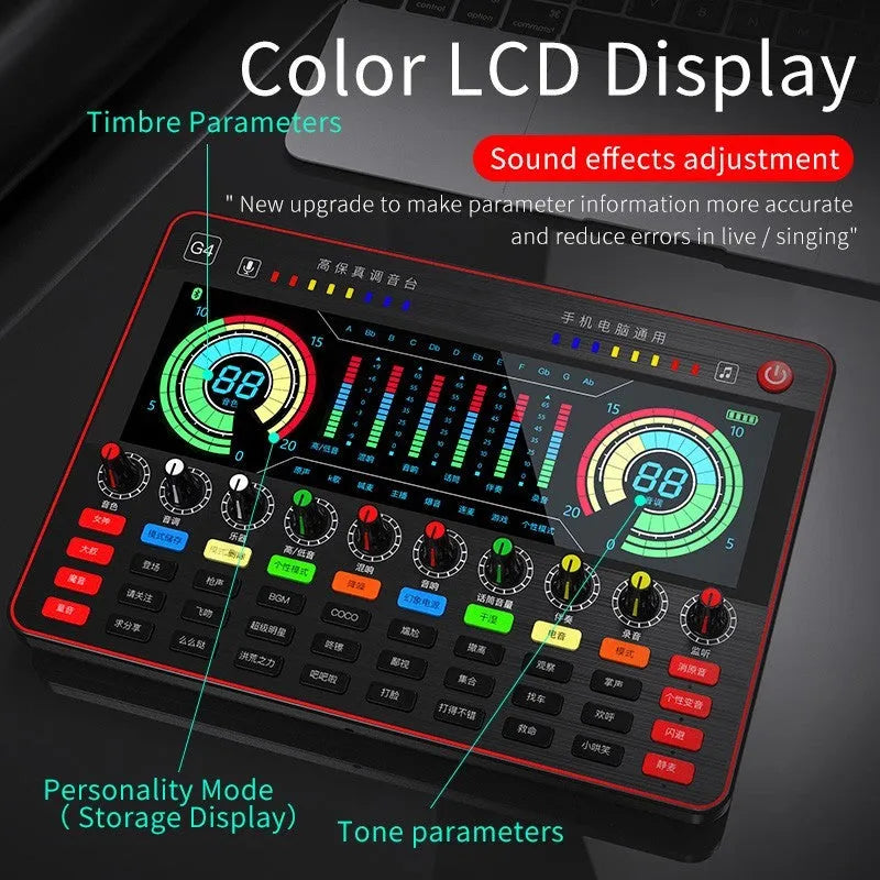 G4 professional live sound card set with LCD display, control knobs, remote, cables, and a dynamic microphone.