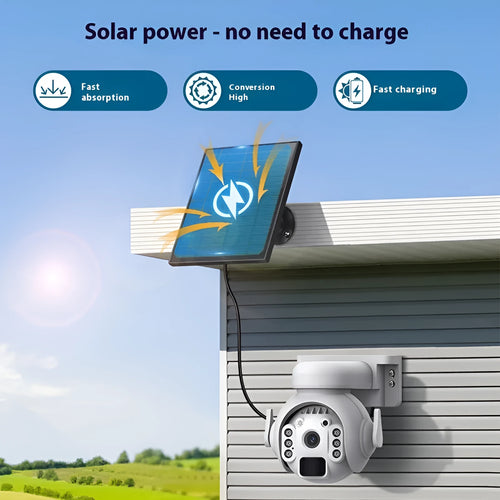 White solar-powered outdoor security camera with solar panel on top, mounted on a wall.