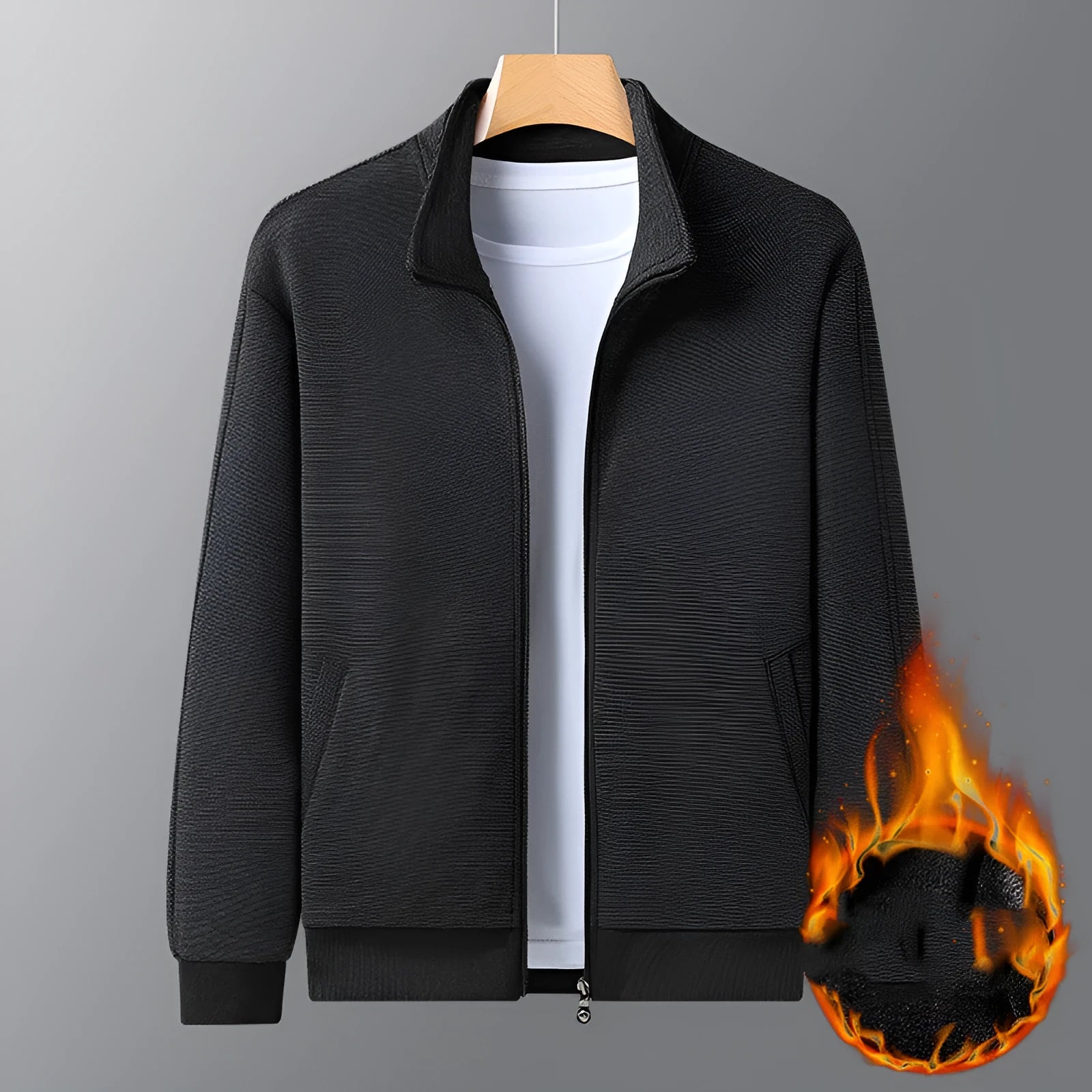 Men's black fitted casual jacket with a stand-up collar and zip front.