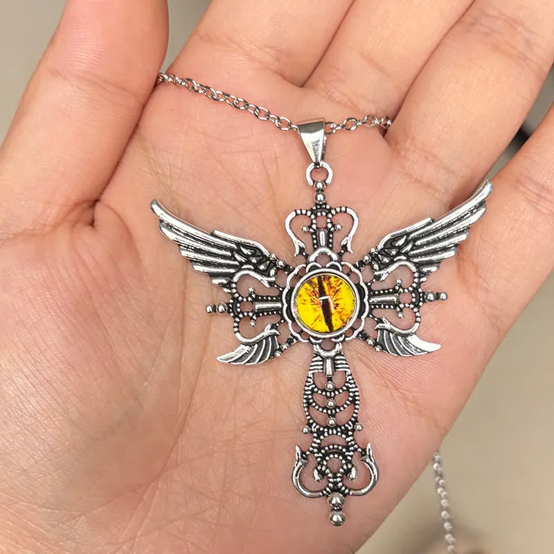 Geometric devil wings cross pendant necklace in alloy with five colour options