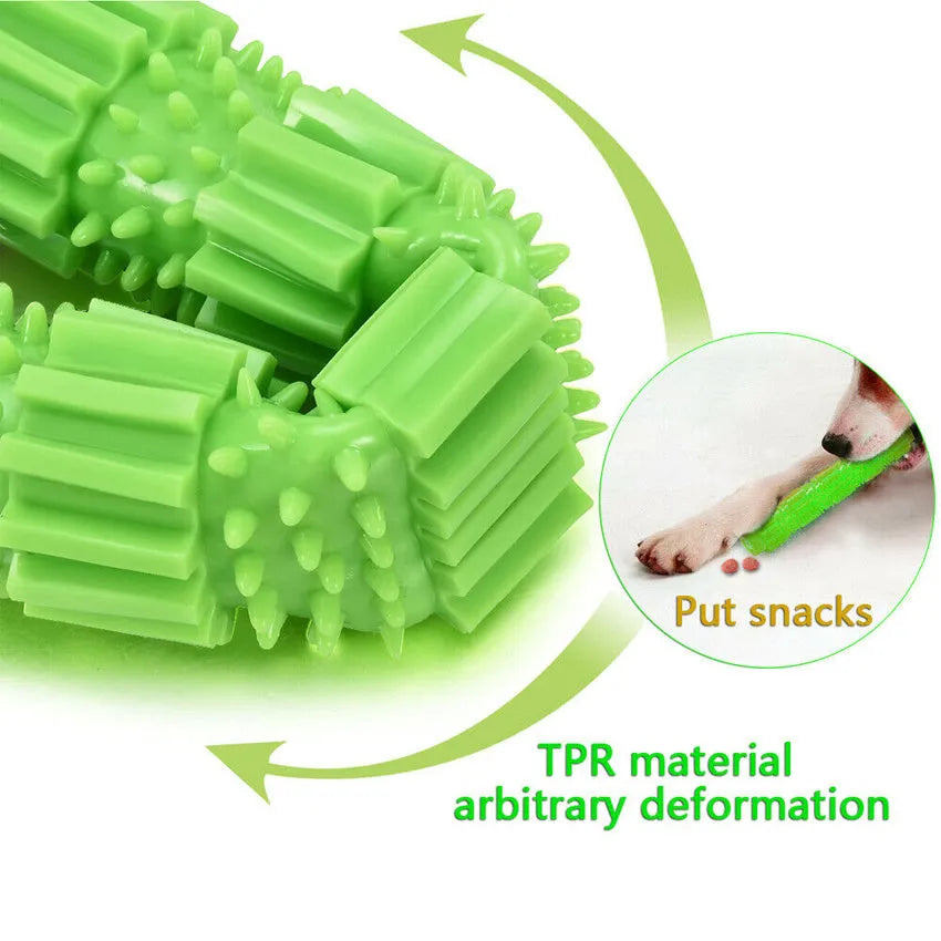 Green and orange rubber dog chew toy for aggressive chewers with treat dispensing hole