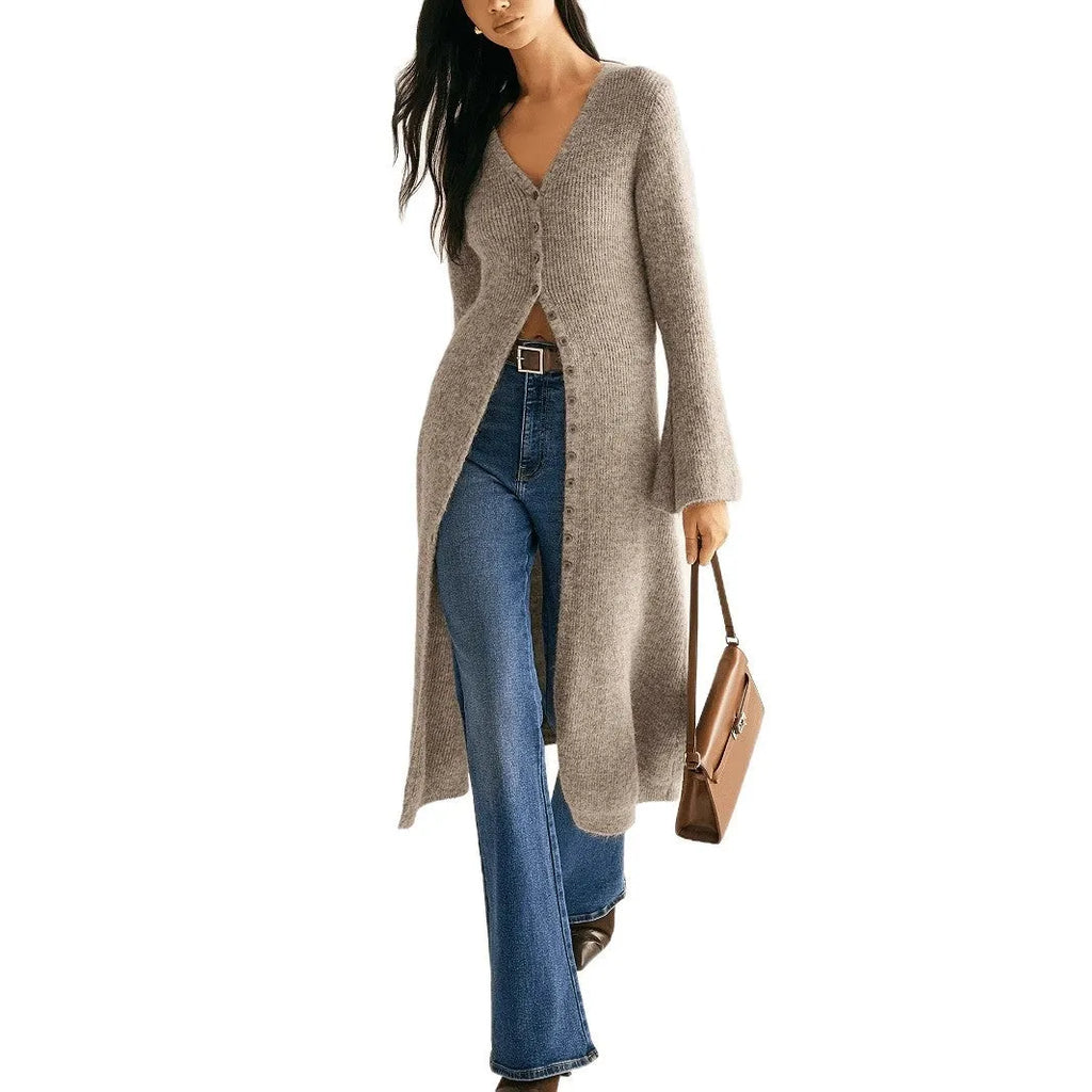 Khaki coloured women's long sleeve button-front cardigan coat in a French retro style.