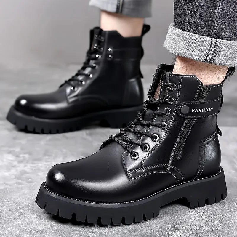 Men's light brown thick-soled high-top Martin boots with side zipper and round toe design