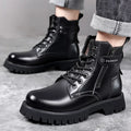 Men's light brown thick-soled high-top Martin boots with side zipper and round toe design