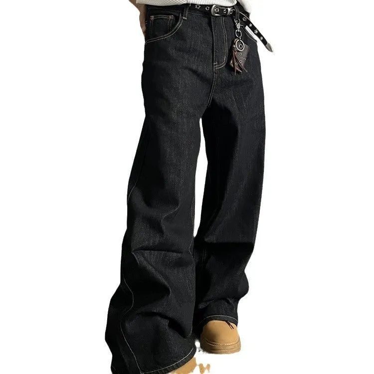 Black loose fit wide-leg denim jeans with a straight leg and mid waist on a hanger.