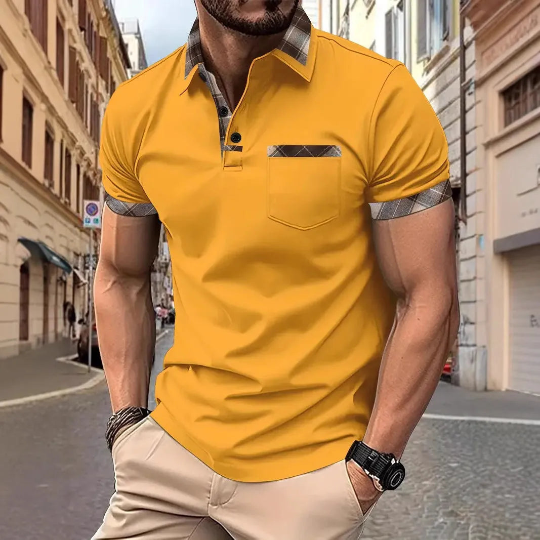 Men's plaid colourblock t-shirt with short sleeves and zipper decoration details