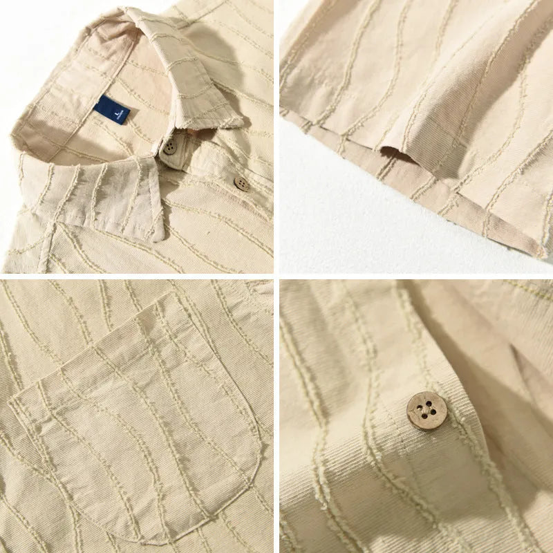 Men's apricot cotton short sleeve casual shirt with loose fit and Japanese styling