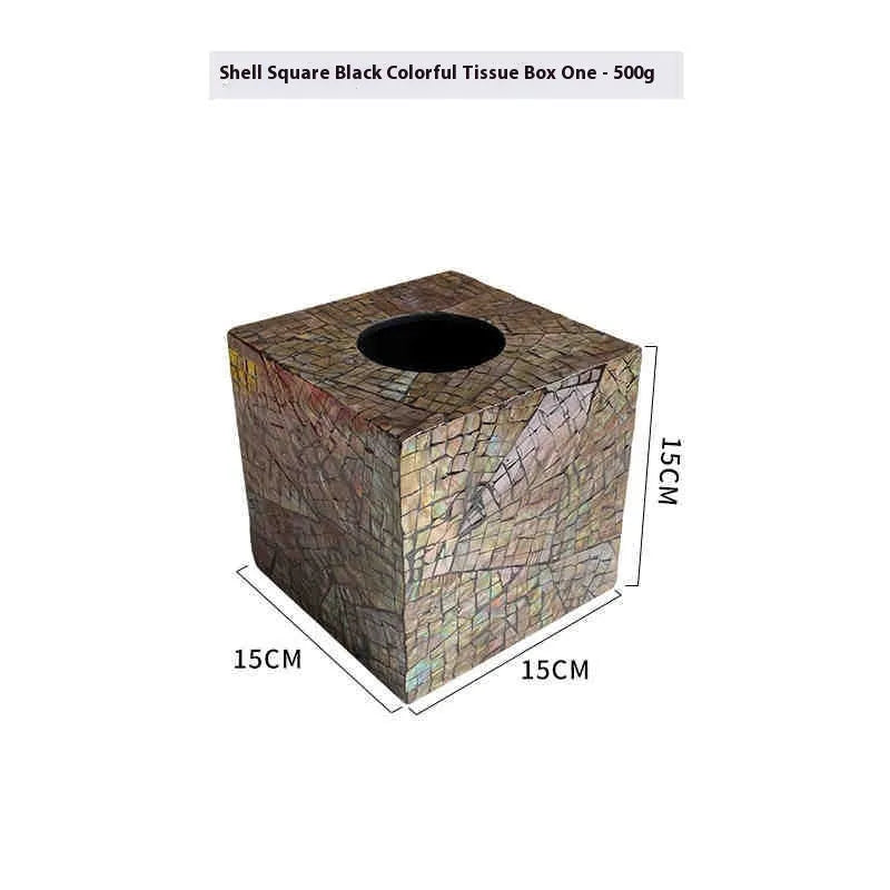 Black rectangular and square natural shell tissue box holder with removable storage tray.