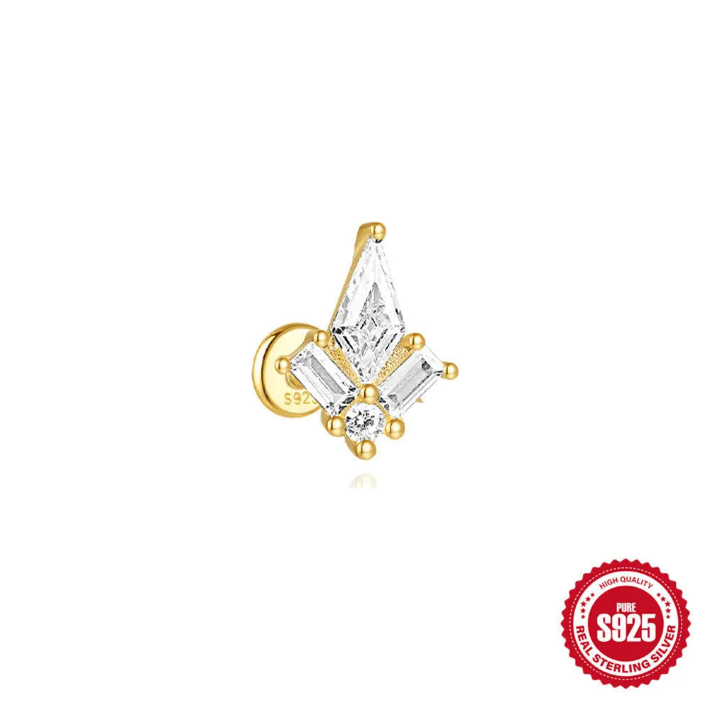 S925 sterling silver geometric kite earrings with rhinestones and chain tassel in gold tone