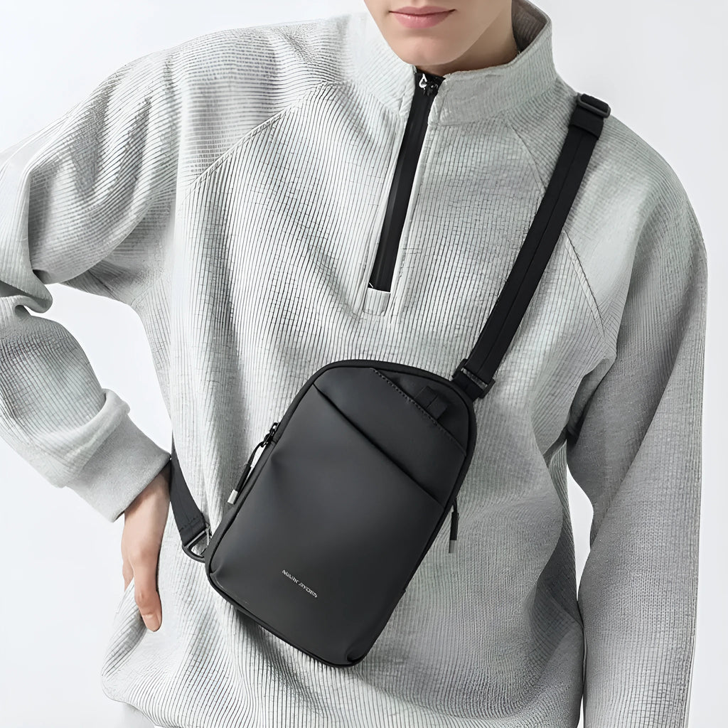 Men's elegant black Oxford cloth crossbody bag with simple styling and durable construction