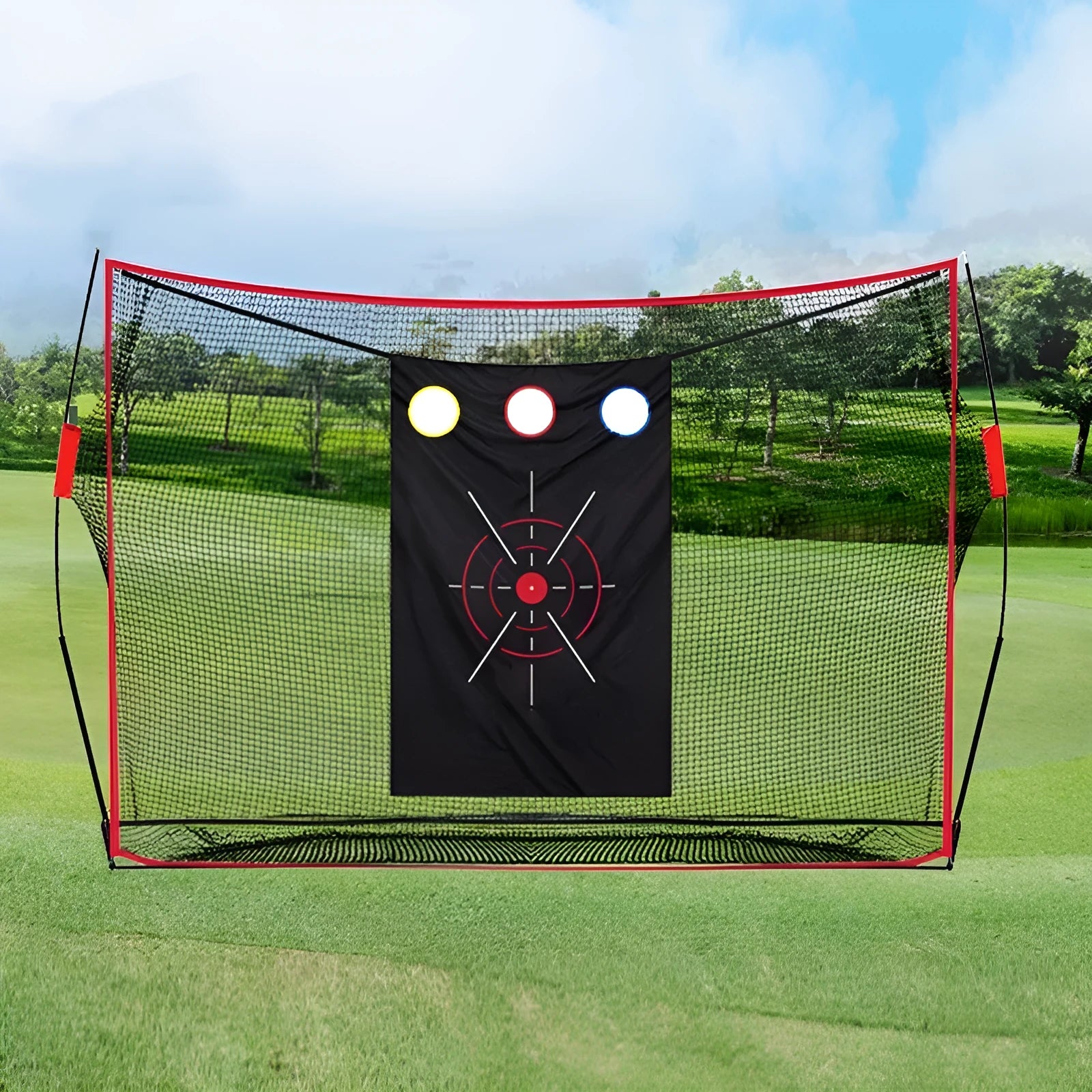 Golf swing wedge training net set with cross target, straw mat, and practice balls
