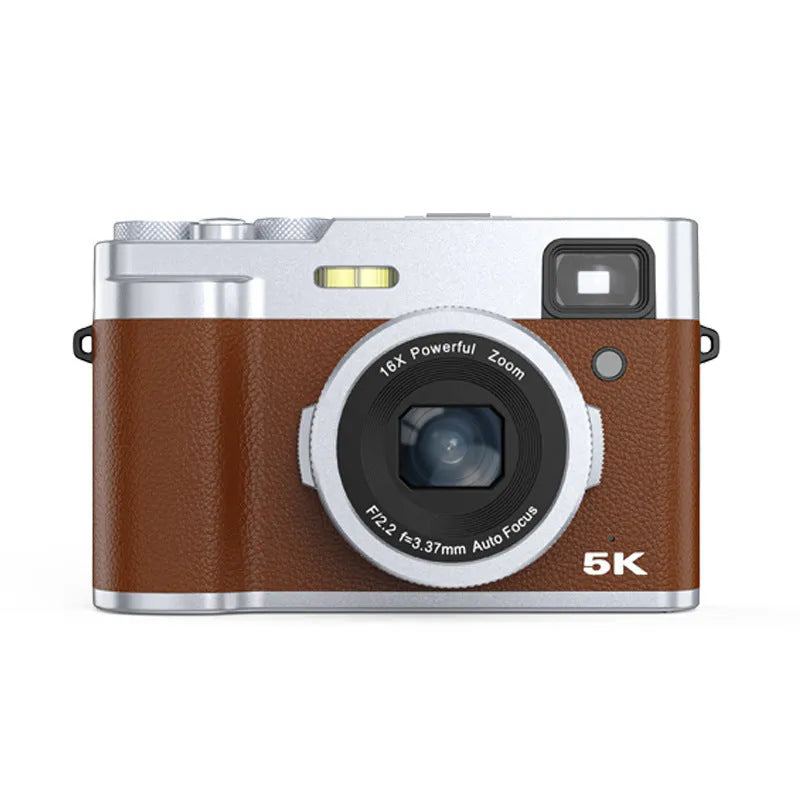 Black 5K HD digital camera with front and rear lenses and an optical viewfinder on top.