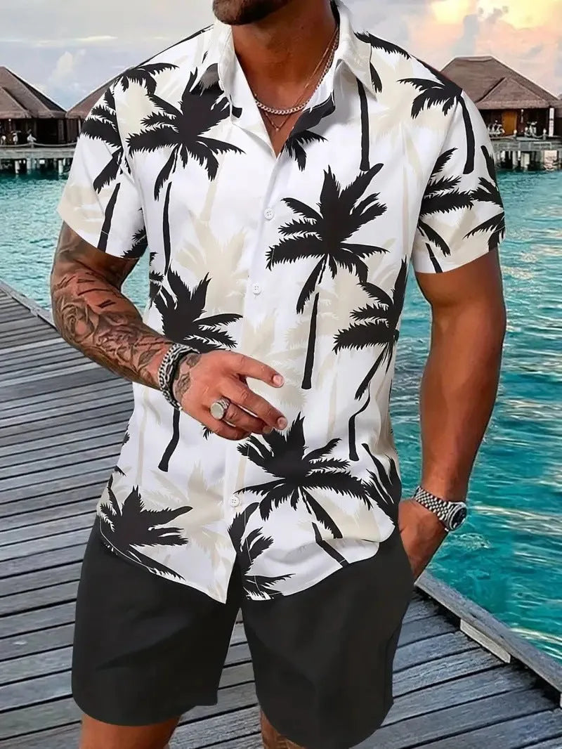 Man wearing a short sleeve Hawaiian print shirt and matching shorts, a casual polyester suit set.