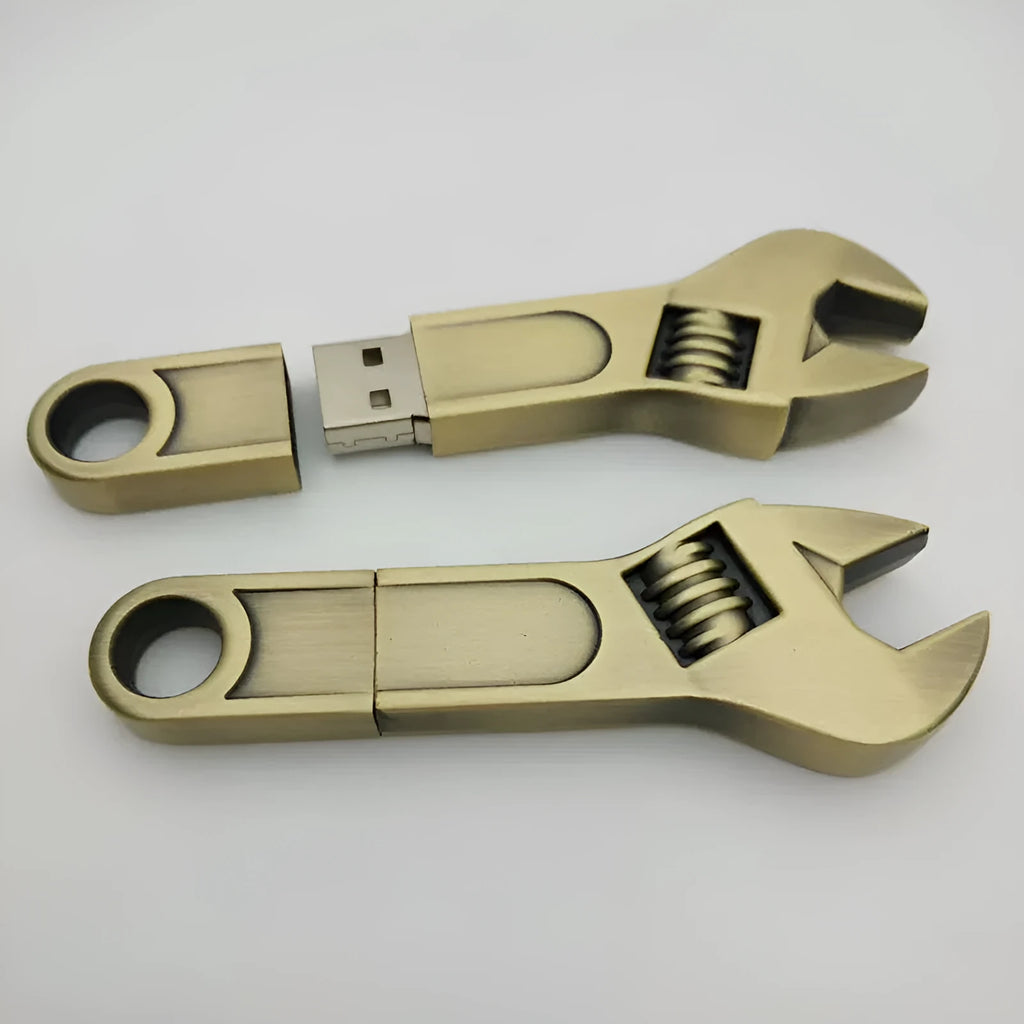 Metal wrench-shaped USB flash drive with double-headed plum blossom design in white colour