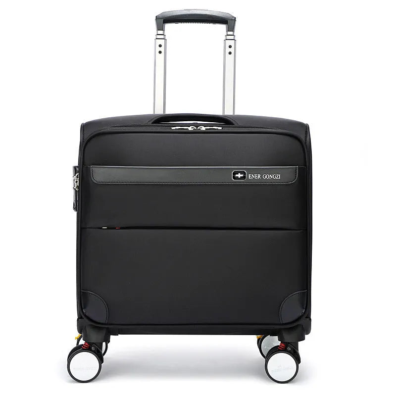 Black 18 inch Oxford cloth business suitcase with retractable handle and universal wheels.