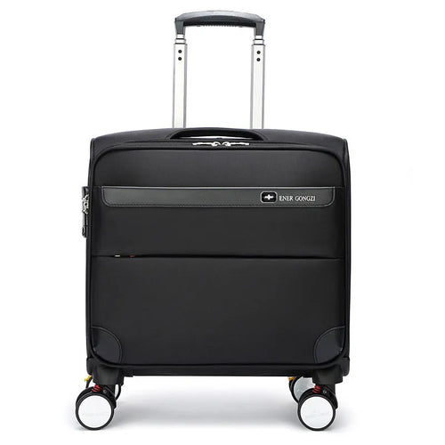 Black 18 inch Oxford cloth business suitcase with retractable handle and universal wheels.