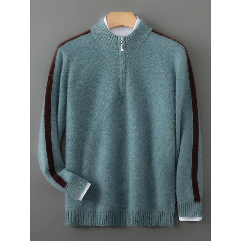 Slim fit half-zip wool knitted sweater in grey shown on a model.