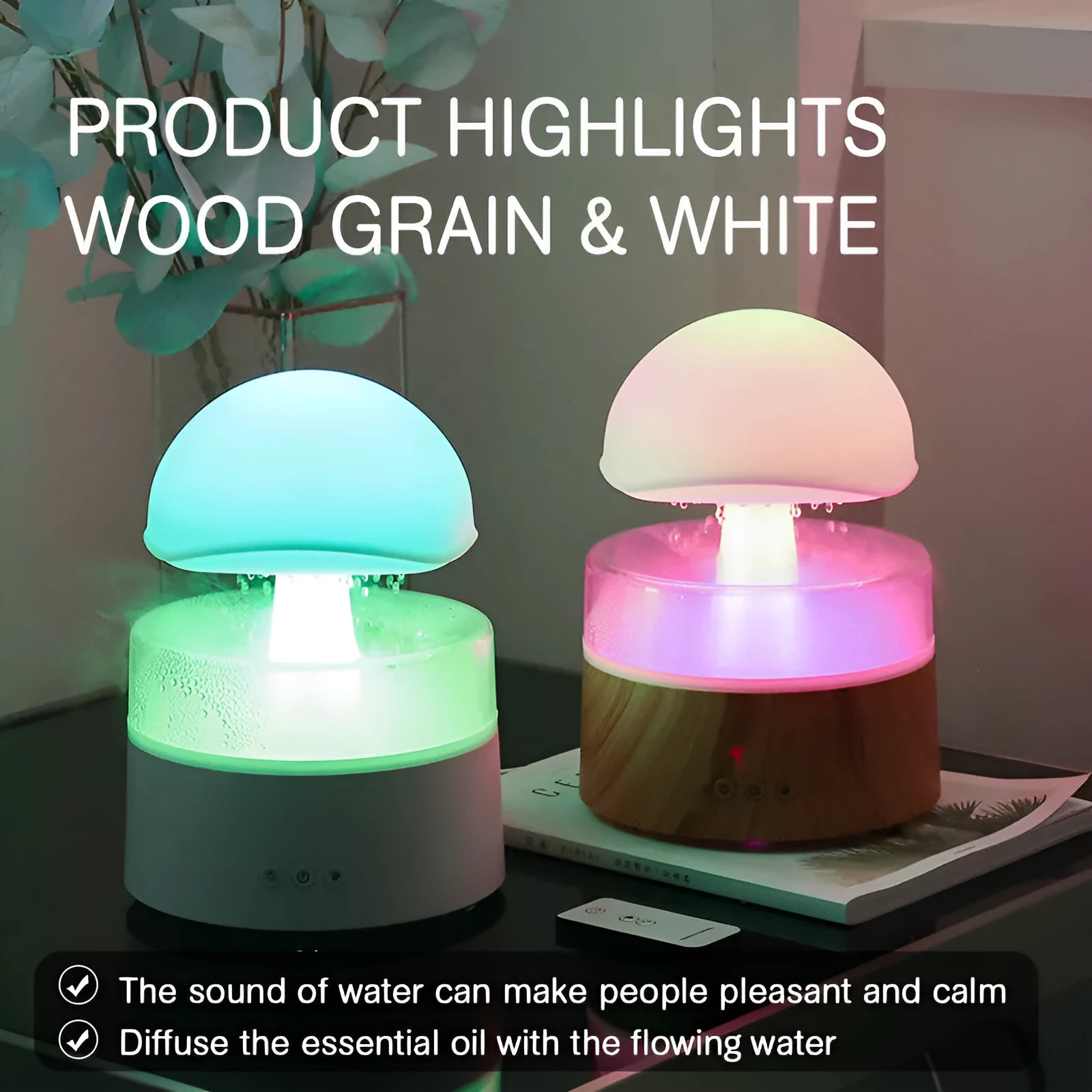 White cloud-shaped humidifier and aroma diffuser with LED lights and mist output on a wooden table.