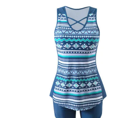 Women's blue printed lace two-piece swimsuit set showing top and shorts