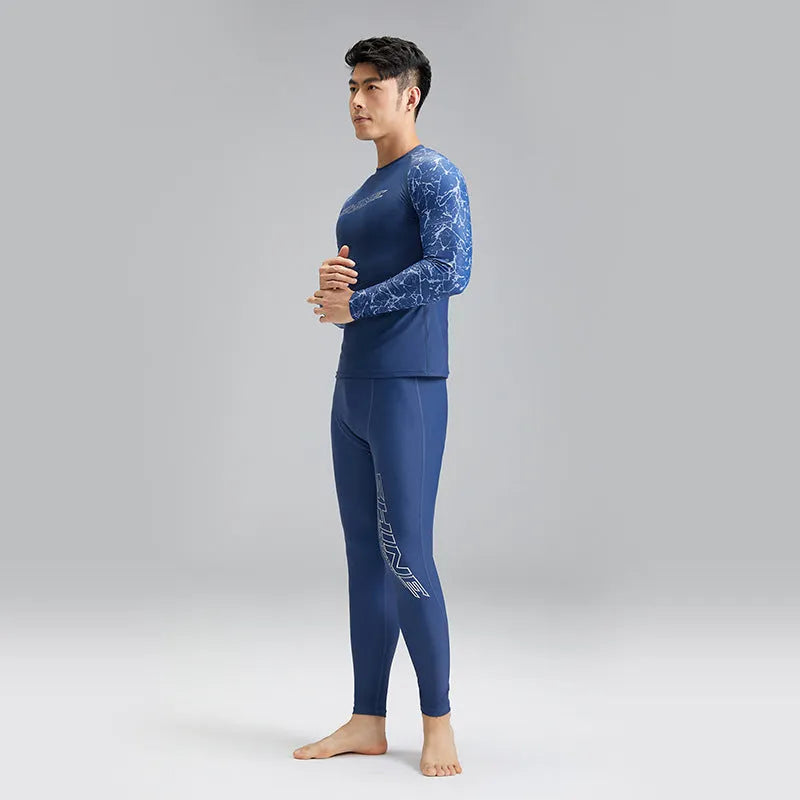 Dark blue nylon men's swimwear set with matching top and trousers for swimming and wading