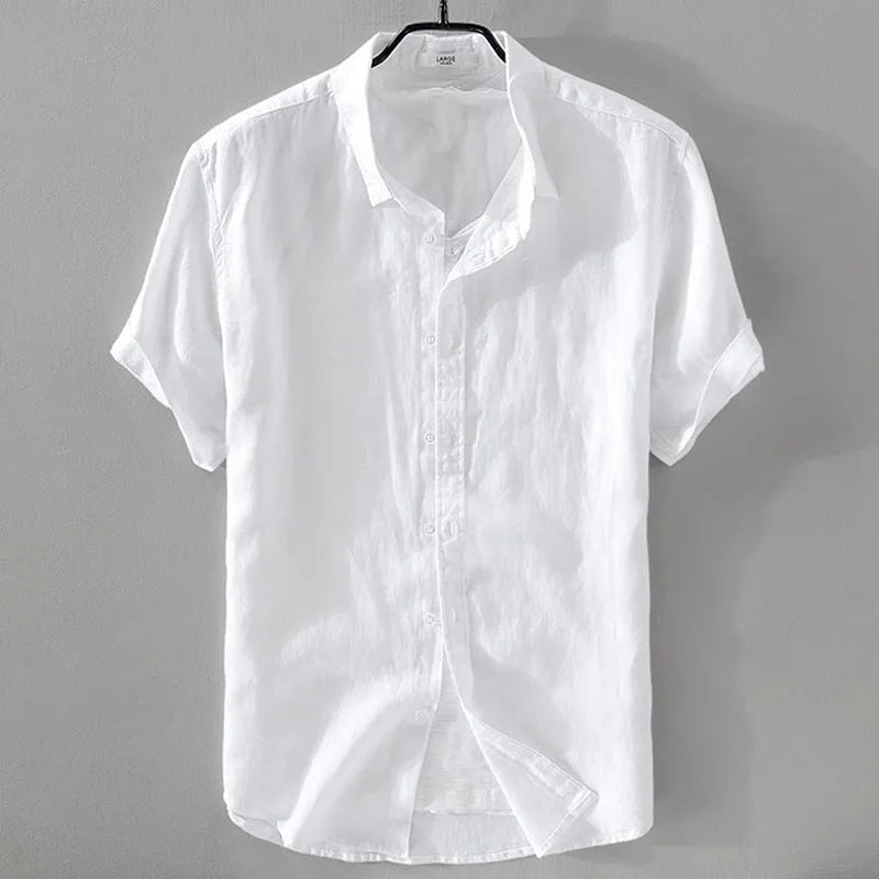 Men's loose fit short sleeve shirt in cotton linen blend fabric available in multiple solid colours