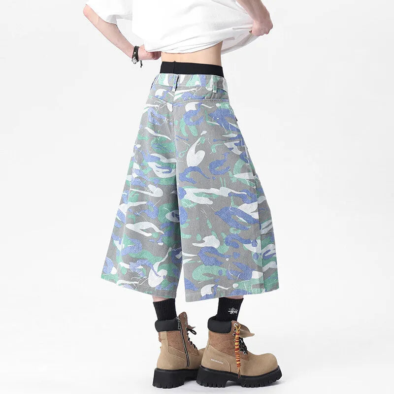 Camouflage print denim cargo trousers with multiple pockets and cropped straight-leg cut