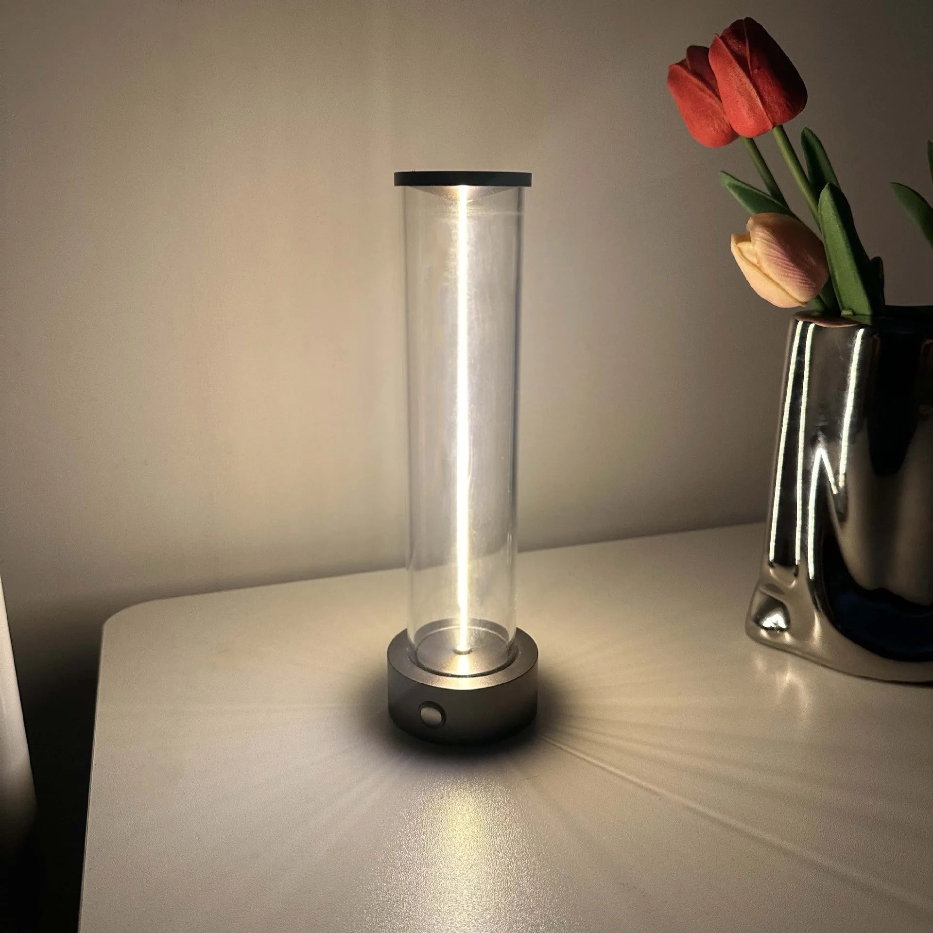 Slender modern LED glass light strip with magnetic back for USB-powered ambient lighting.