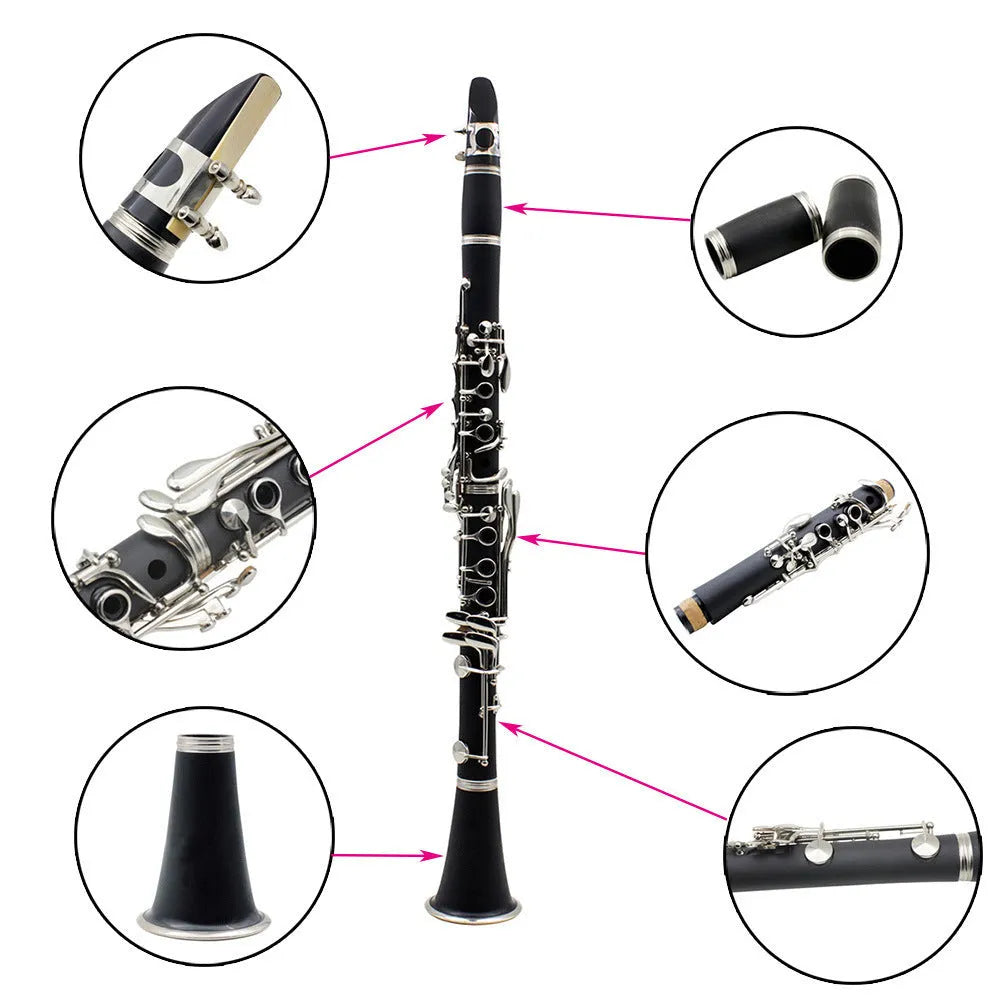 Black Bakelite clarinet with nickel-plated keys and hard protective case for beginner students