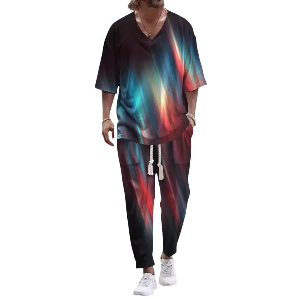 Polyester cropped sleeve V-neck jacket and trousers suit set on a hanger.
