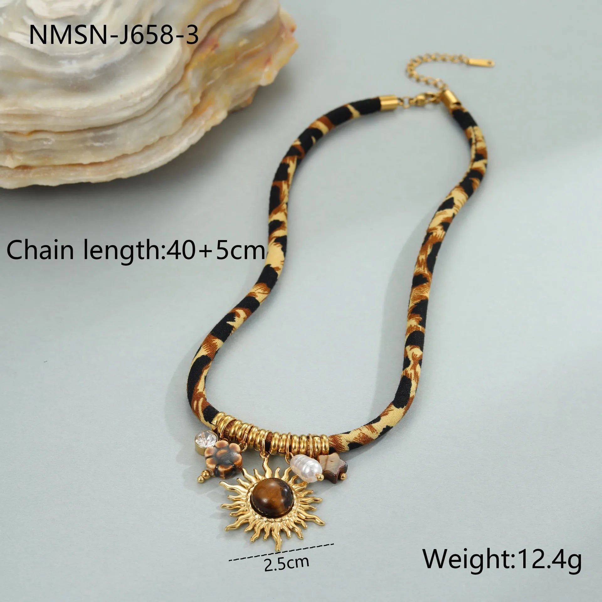 Geometric leopard pendant necklace with gold electroplated finish on adjustable stainless steel chain