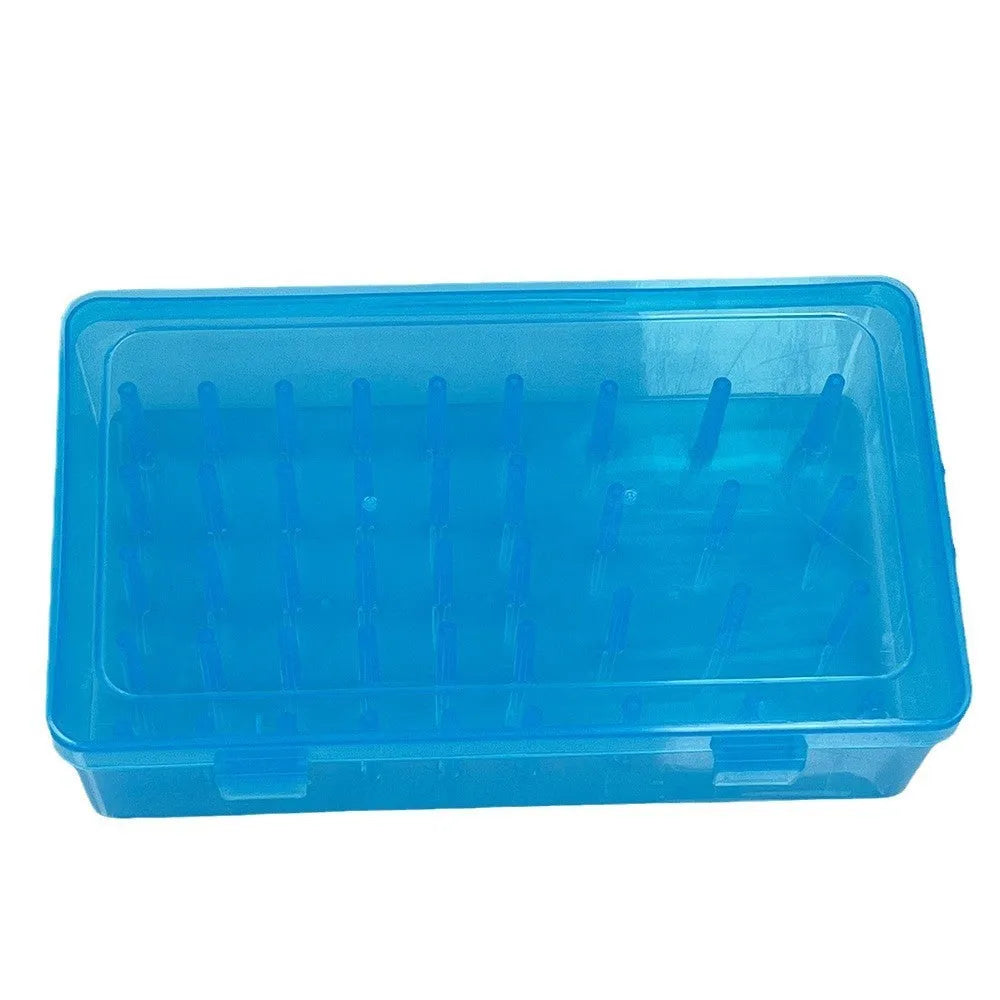 42-compartment plastic embroidery storage box in transparent, pink, or blue colour showing organised thread compartments