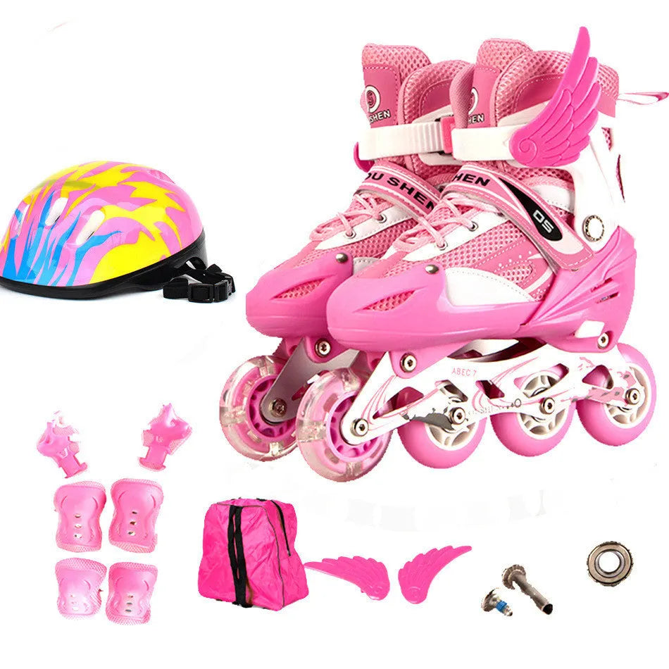 Children's adjustable inline skates in various colours with matching helmet, protective pads, and backpack.