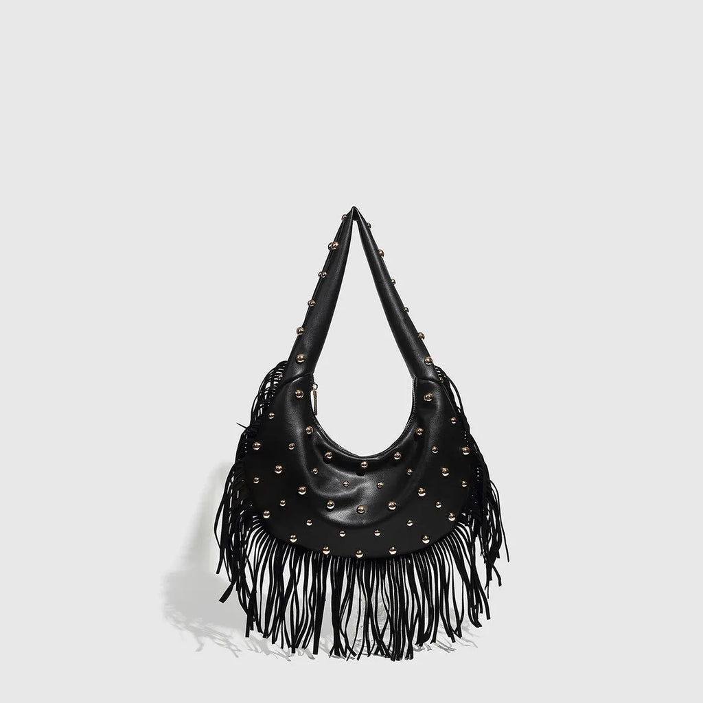 Retro personalised tassel shoulder handbag in black or wine red with internal phone pocket