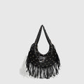 Retro personalised tassel shoulder handbag in black or wine red with internal phone pocket