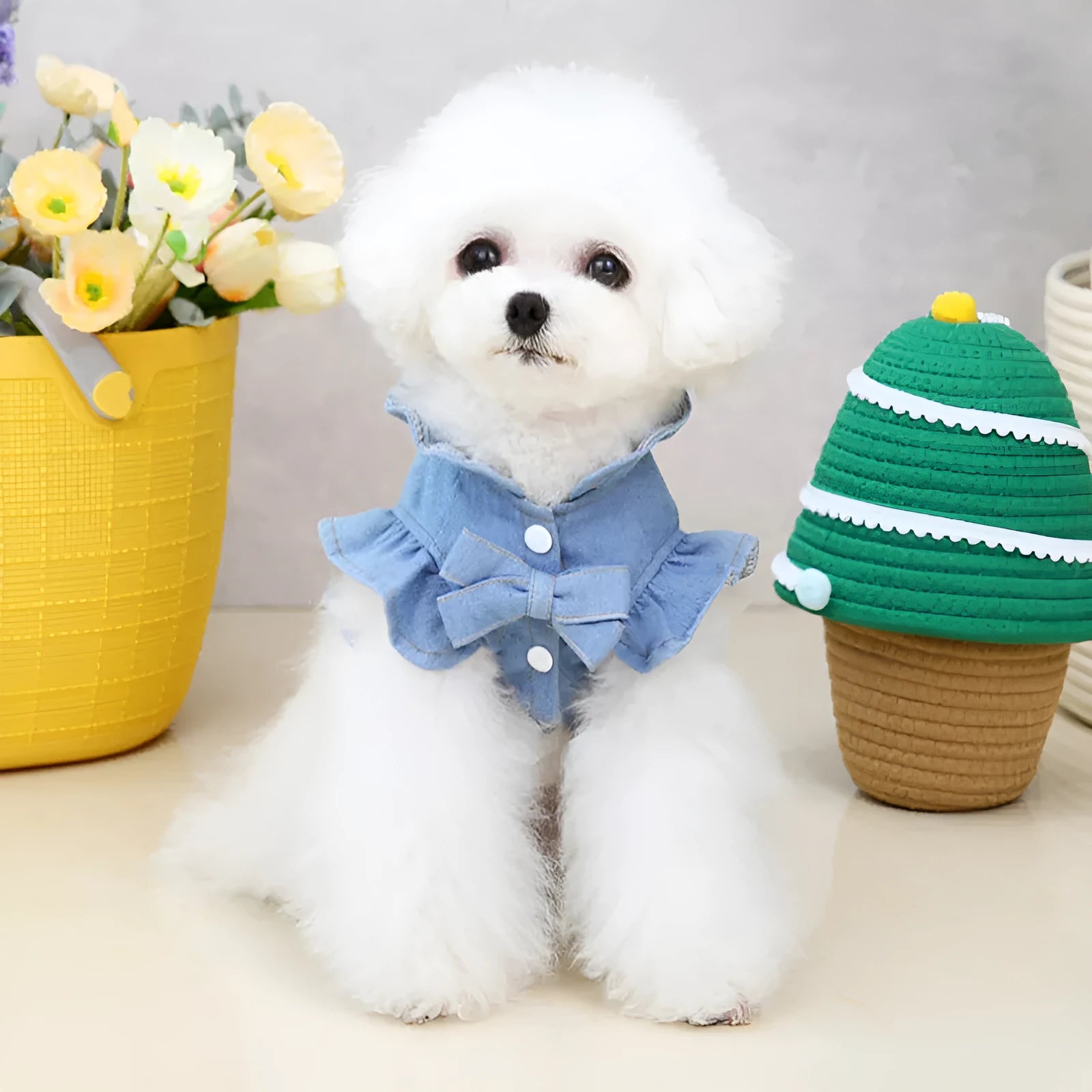 Blue denim dog dress with ruffles vest and back leash hook in five sizes