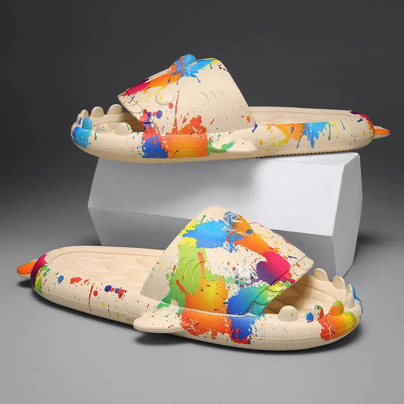 Open-toe shark design couple slippers in EVA material on a white background.