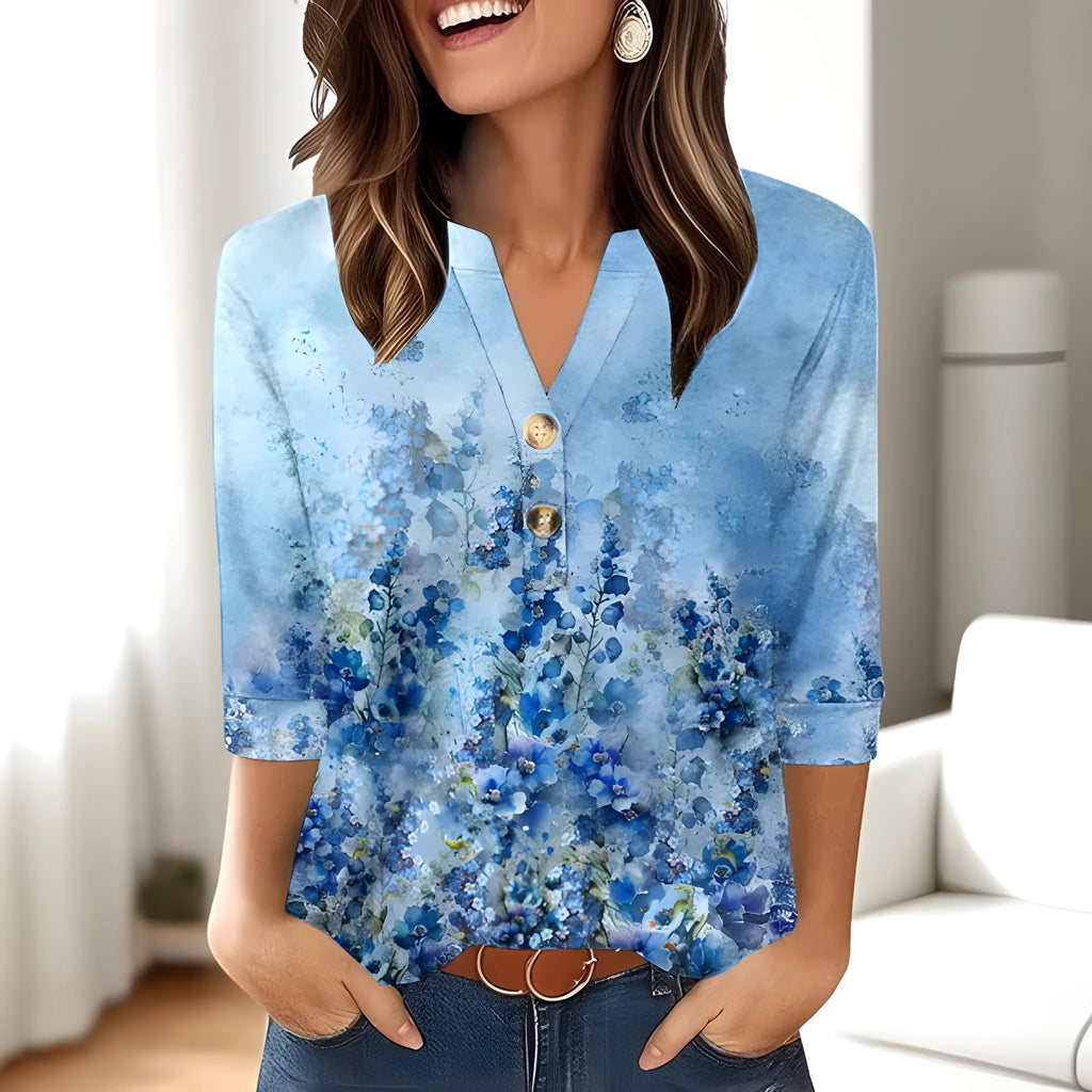 Women's loose V-neck t-shirt with 3D printed pattern in Japanese Korean casual style