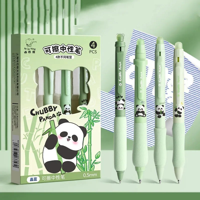 Erasable cartoon-themed press gel pen with 0.5mm fine tip in black and crystal blue ink options.