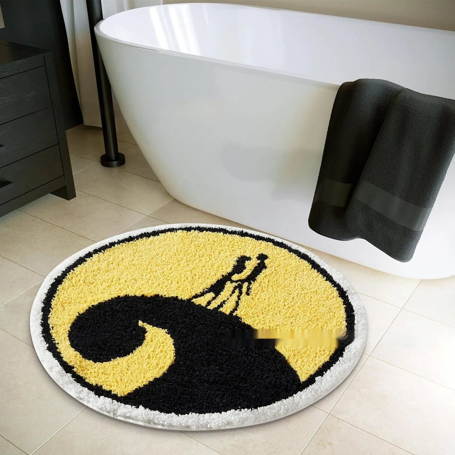 Christmas round pad polyester carpet on floor in 60cm or 80cm size, showing one of ten festive printed designs.