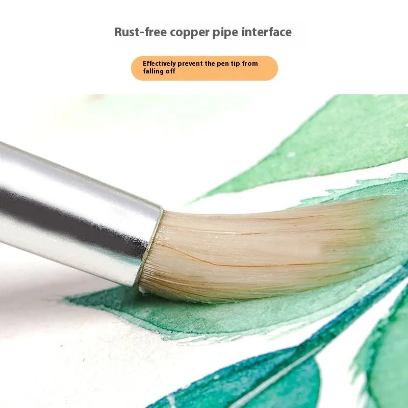 Six wooden-handled art brushes with pointed wool tips arranged together