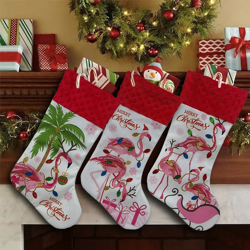 Flamingo Christmas stocking decoration in cloth fabric measuring 46cm by 28cm