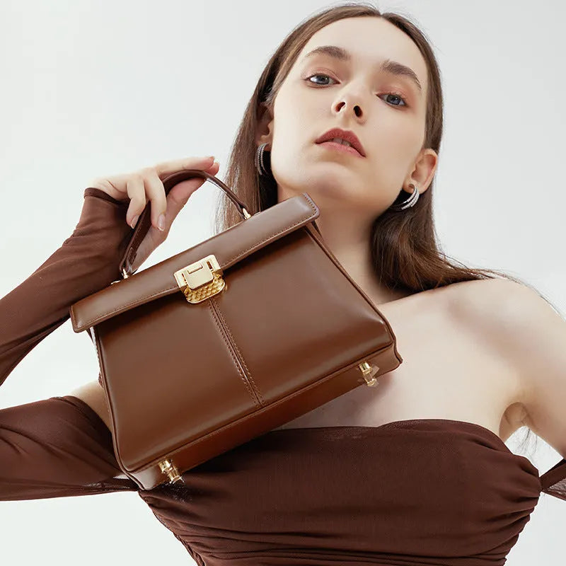 Women's black genuine leather shoulder bag with vachette clasp in horizontal square shape