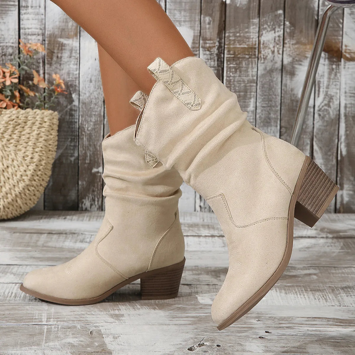 Women's suede mid-calf boots with pointed toe and short stout heel in lotus root colour